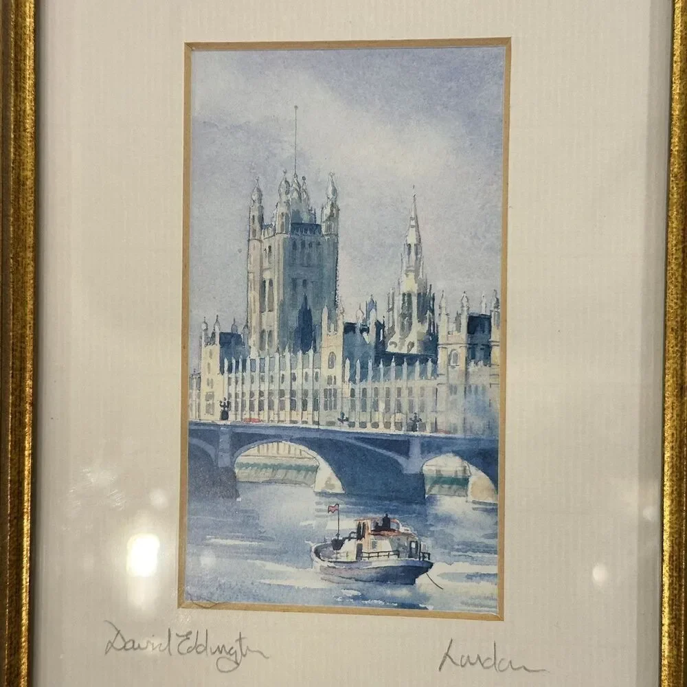 2 DAVID EDDINGTON vintage watercolour/lithograph of London Skyline Signed